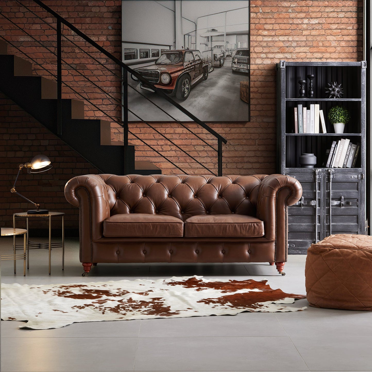 Top grain leather tufted loveseat sofa with wheels legs