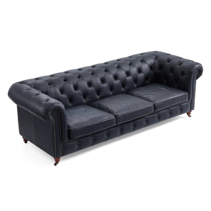 Top grain leather tufted 3 seater sofa with wheels legs