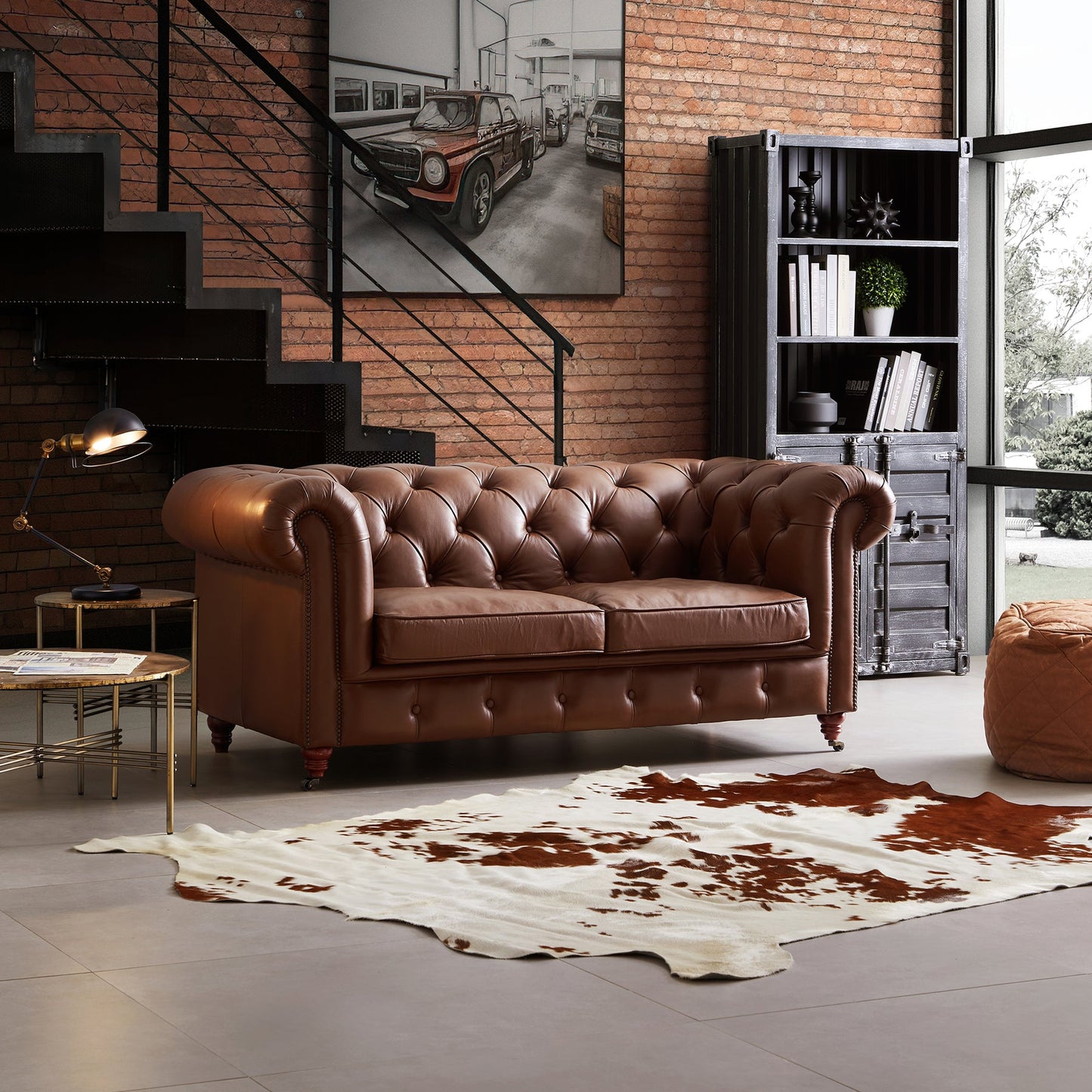 Top grain leather tufted loveseat sofa with wheels legs