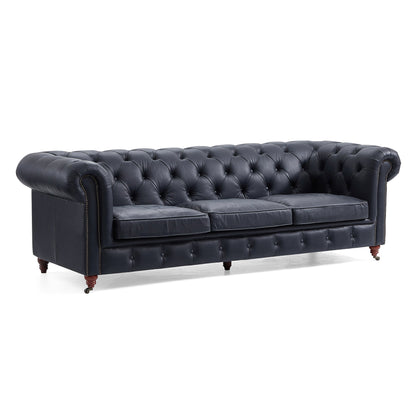 Top grain leather tufted 3 seater sofa with wheels legs