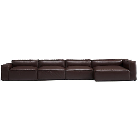 Modern brown genuine leather chaise l shape sectional modular sofa