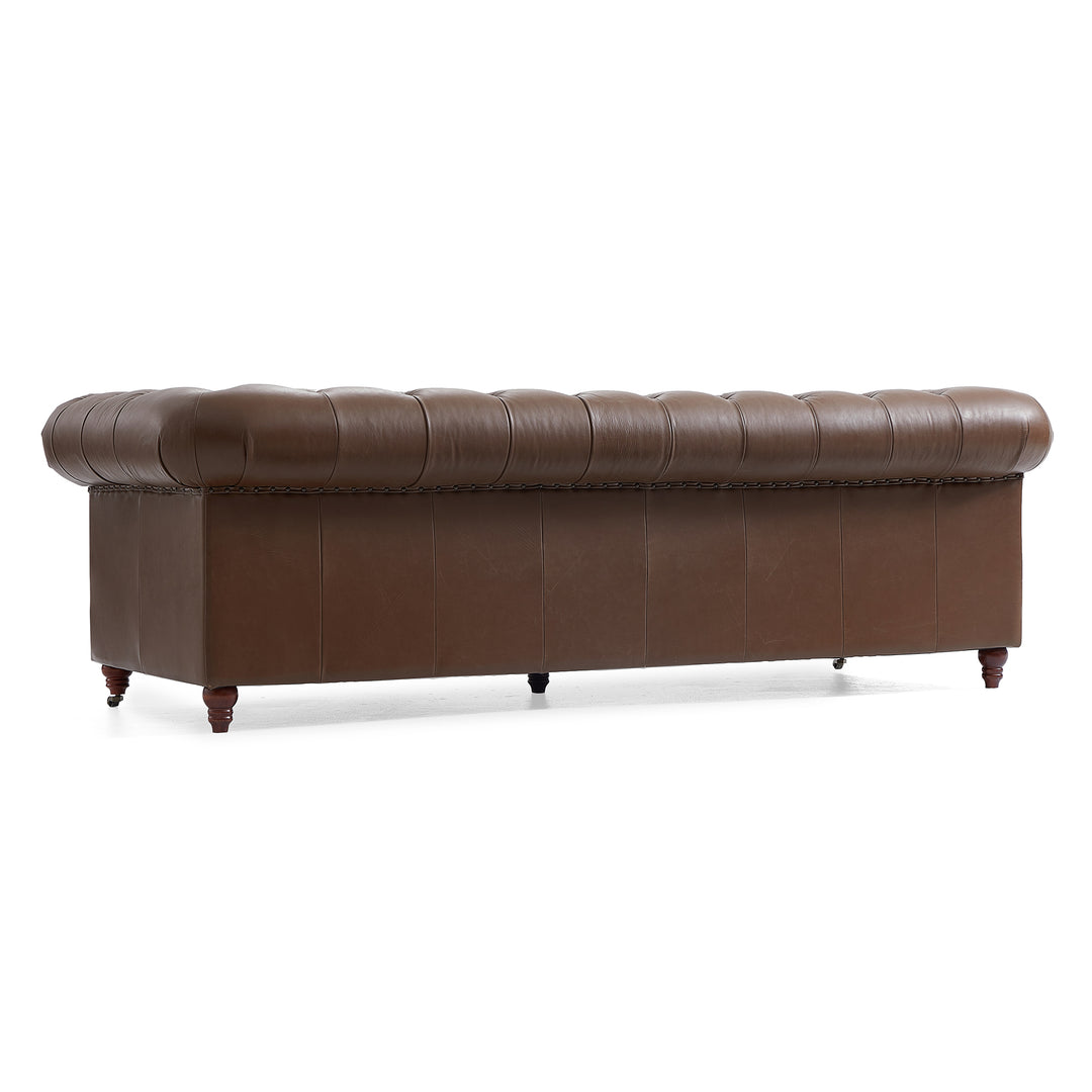 Top grain leather tufted 3 seater sofa with wheels legs