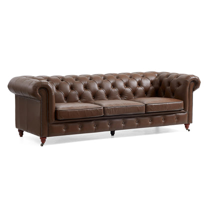 Top grain leather tufted 3 seater sofa with wheels legs