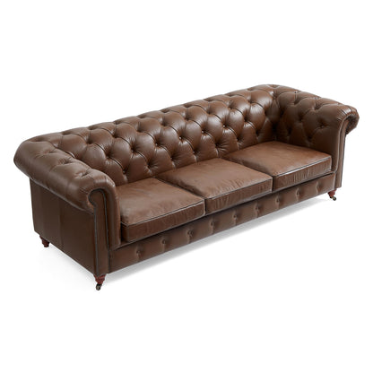 Top grain leather tufted 3 seater sofa with wheels legs