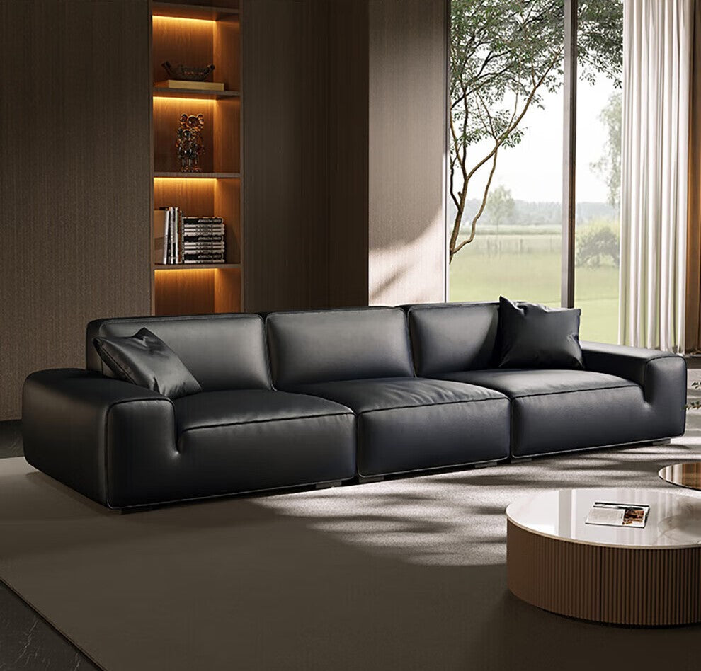 Classic Black Genuine Leather 4-Seater Sofa