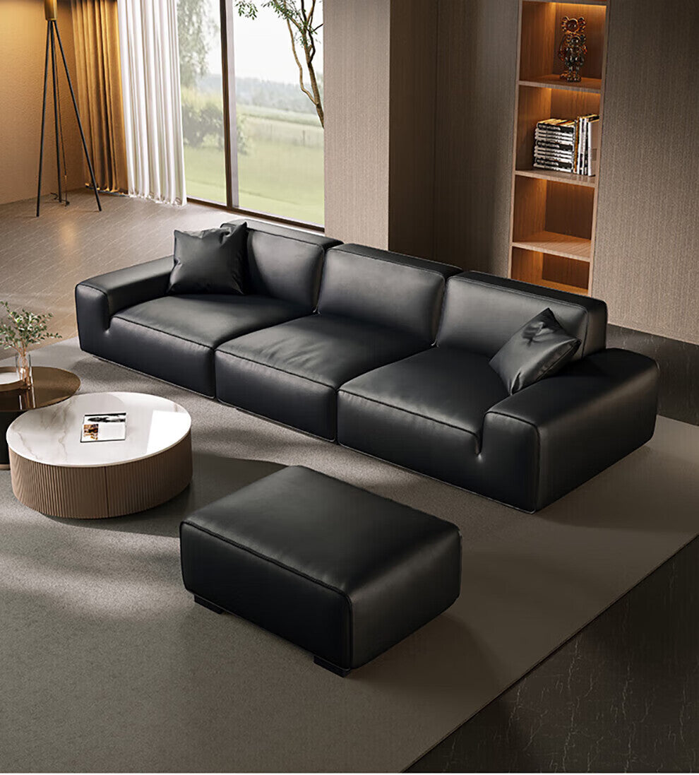 Classic Black Genuine Leather 4-Seater Sofa