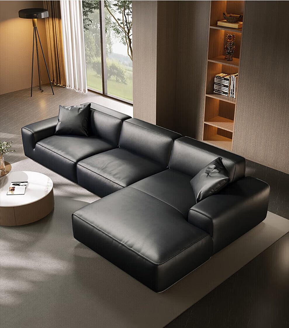 Classic Black Genuine Leather 4-Seater Sofa