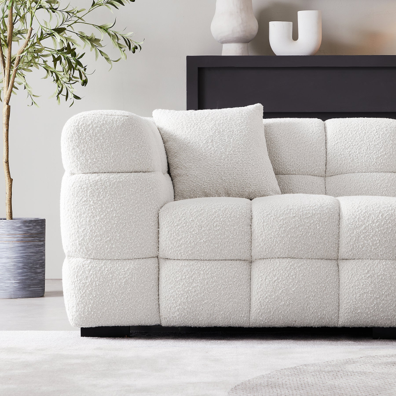 White Boucle Fabric Tufted Sofa Set