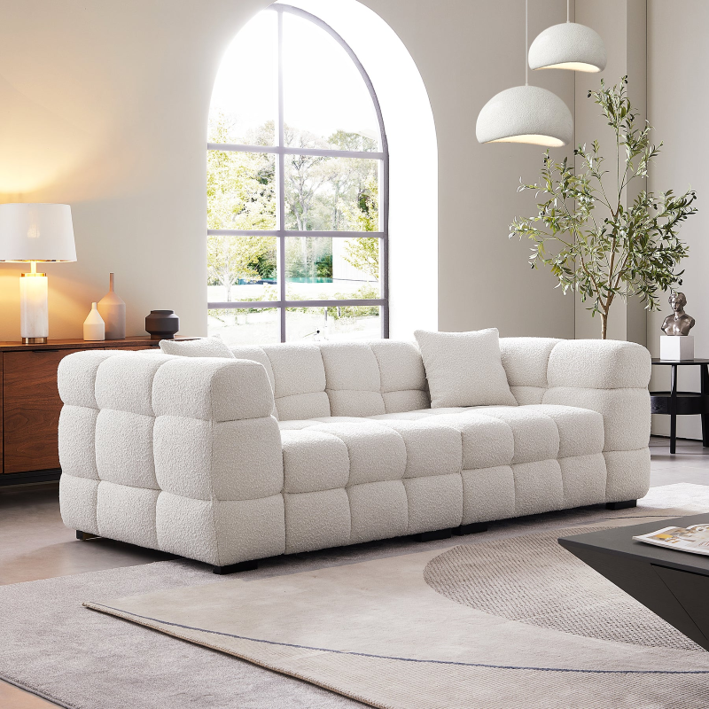 White Boucle Fabric Tufted Sofa Set