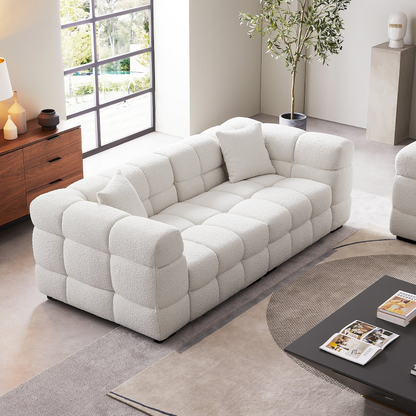 White Boucle Fabric Tufted Sofa Set