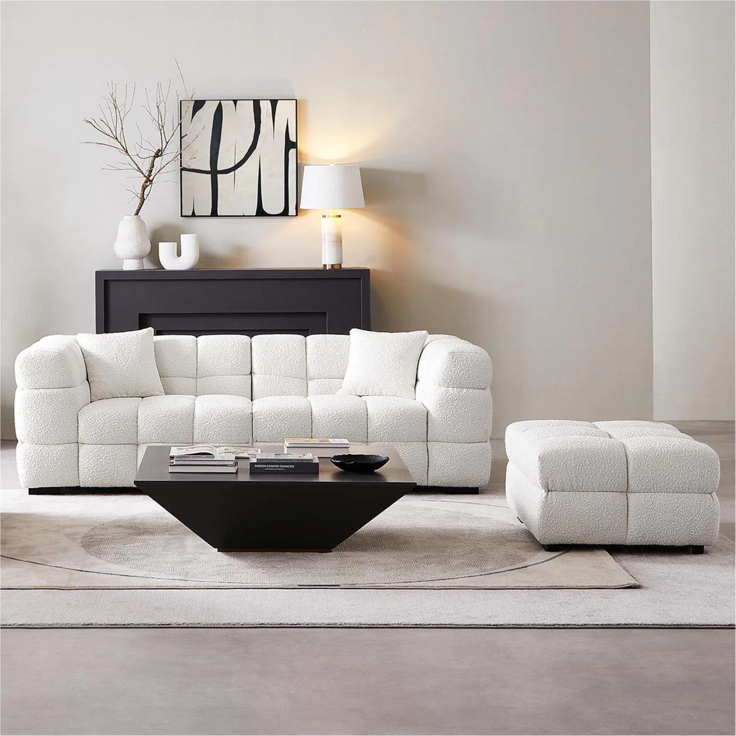 White Boucle Fabric Tufted Sofa Set