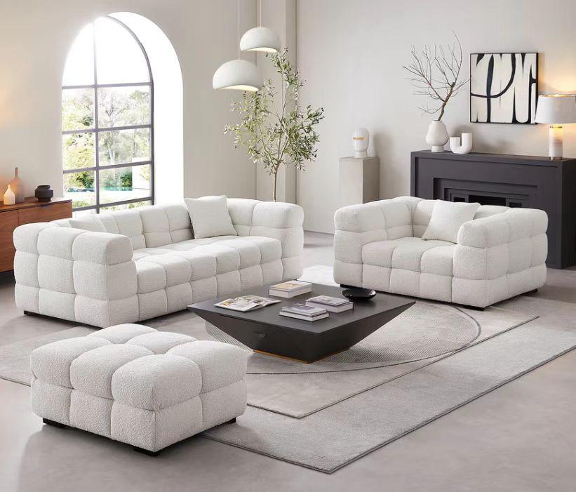 White Boucle Fabric Tufted Sofa Set