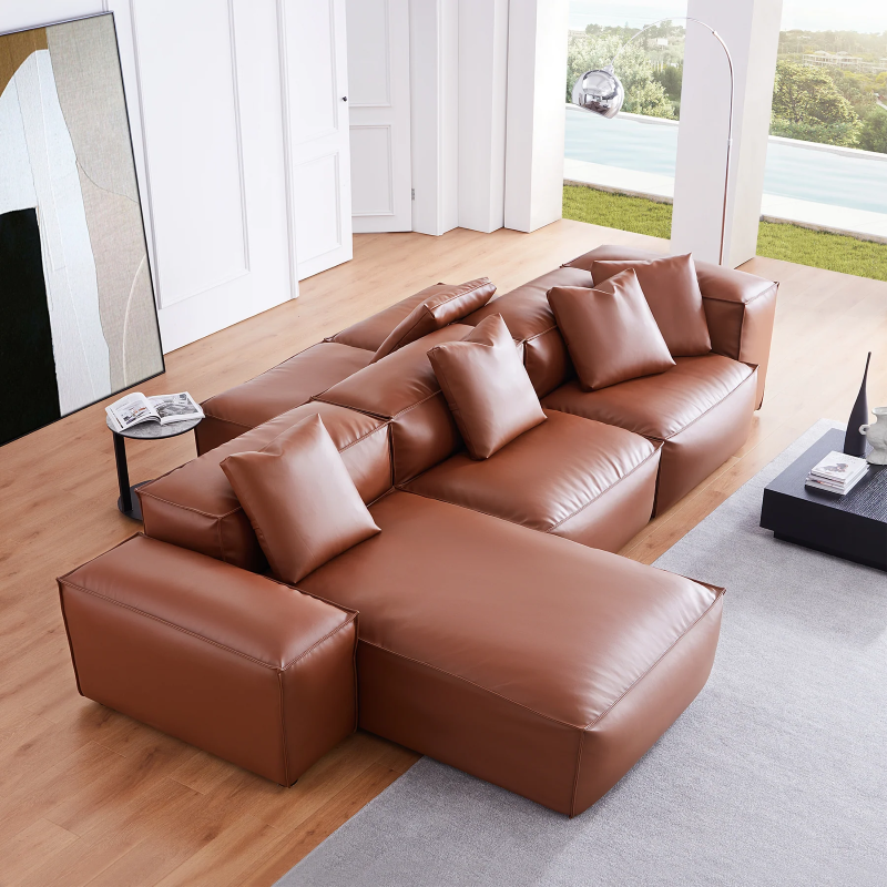 Brown Leather Double-Sided Sectional Sofa