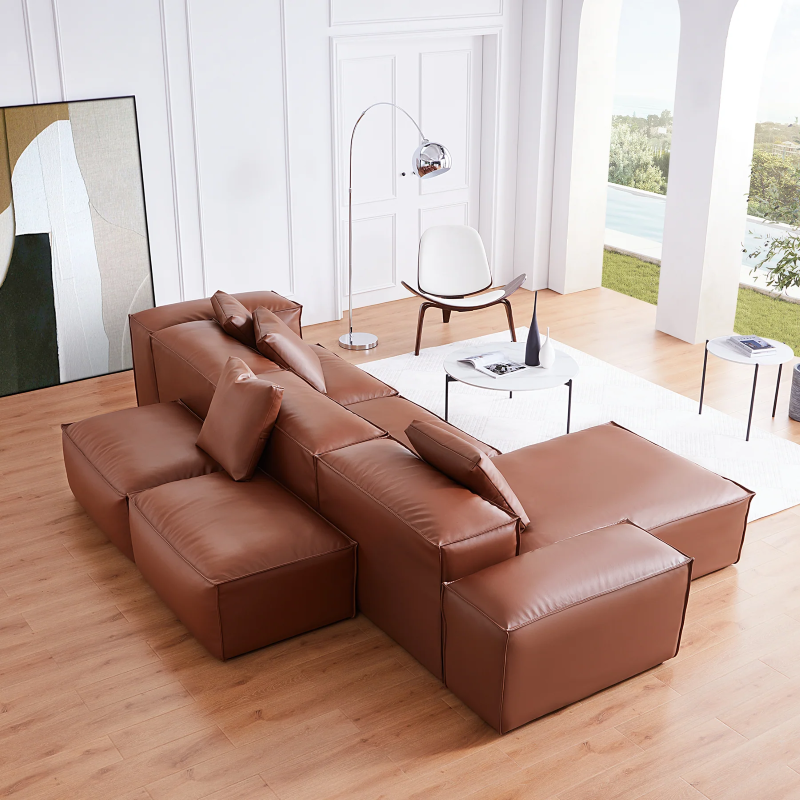 Brown Leather Double-Sided Sectional Sofa