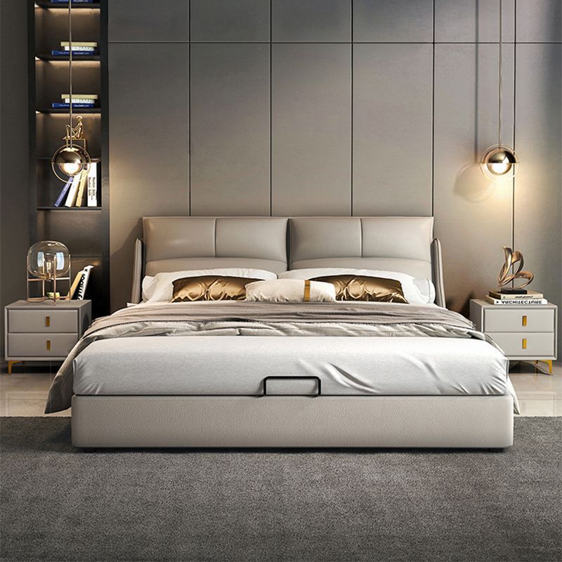 Modern Upholstered Leather Bed with Flap stand & storage space