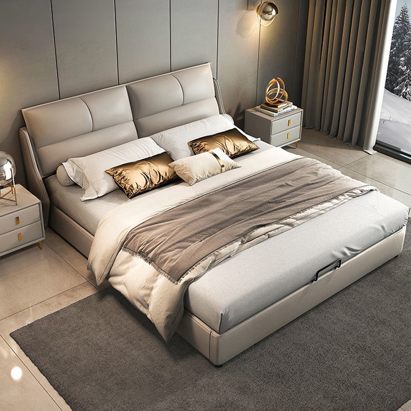 Modern Upholstered Leather Bed with Flap stand & storage space