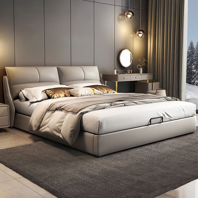 Modern Upholstered Leather Bed with Flap stand & storage space