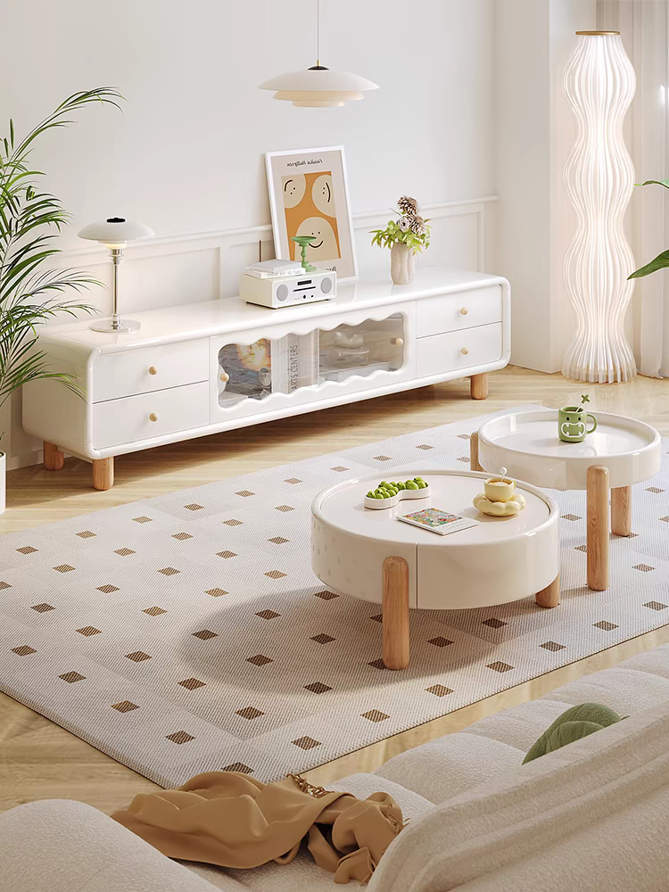 Contemporary Cream Wooden Coffee Table and TV Cabinet Set