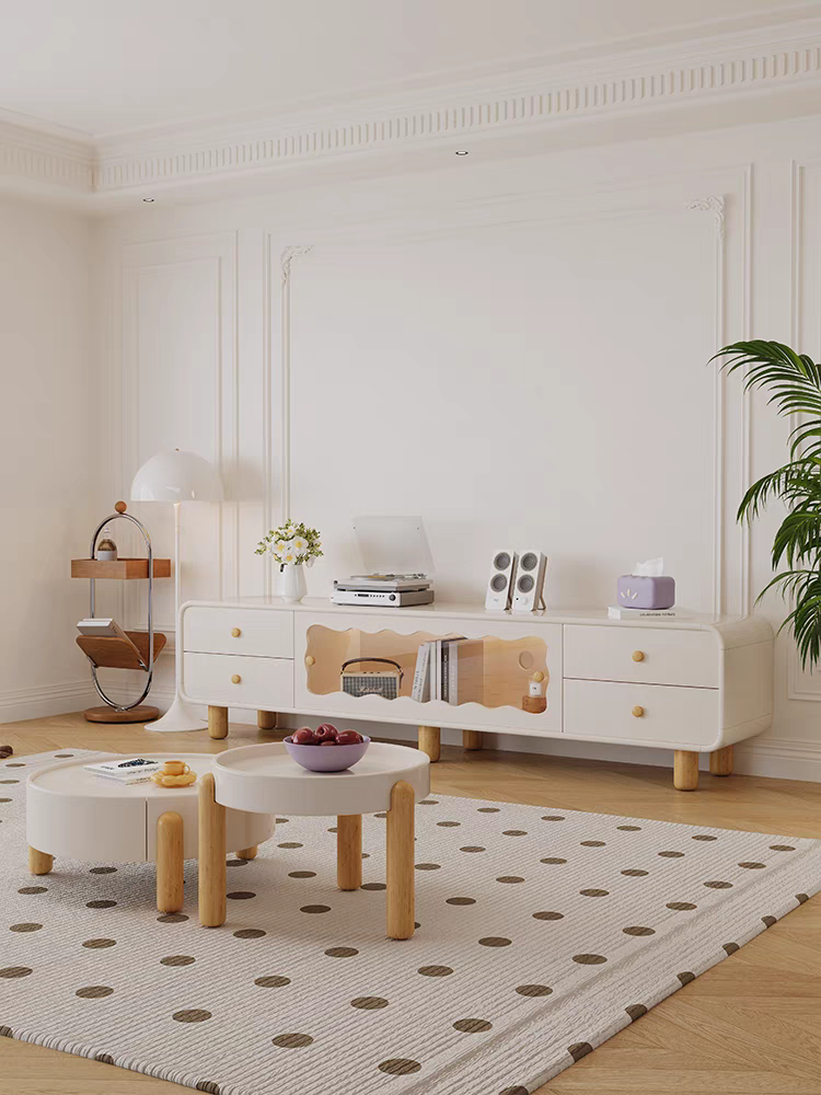 Contemporary Cream Wooden Coffee Table and TV Cabinet Set