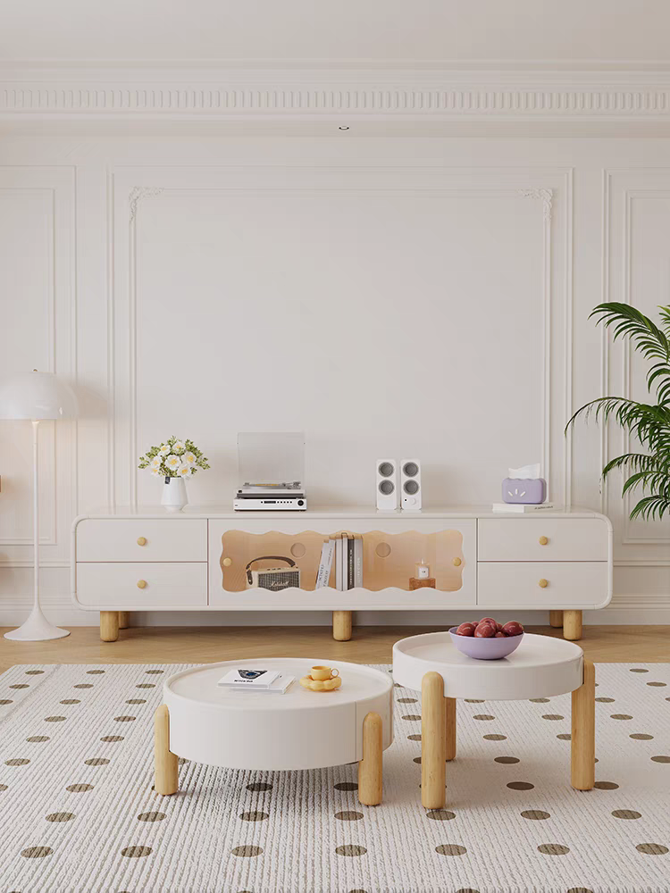 Contemporary Cream Wooden Coffee Table and TV Cabinet Set