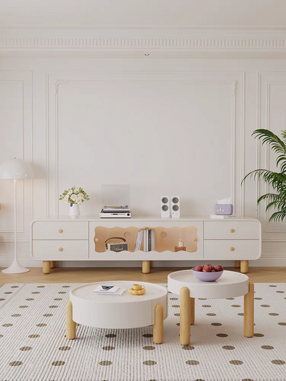 Contemporary Cream Wooden Coffee Table and TV Cabinet Set