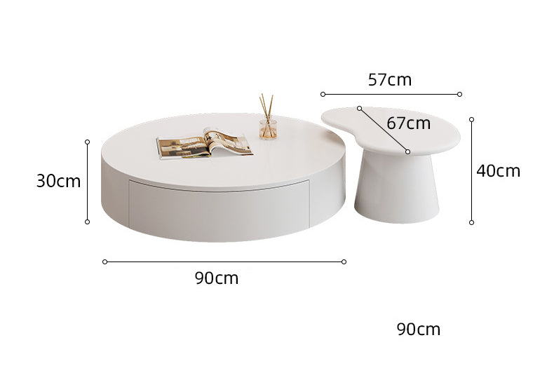 Minimalist Round Cream Coffee Table Set with Drawer