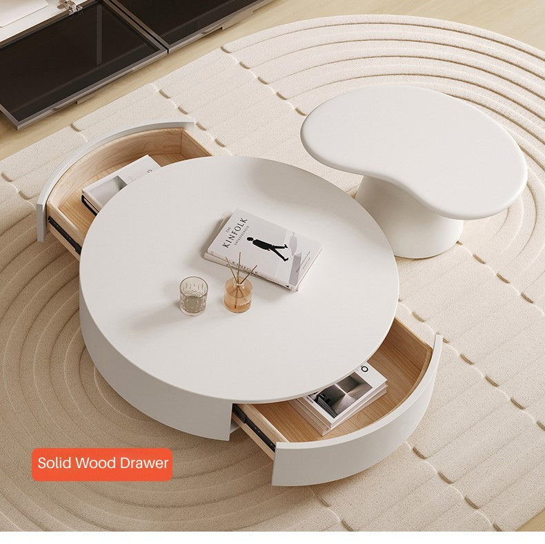 Minimalist Round Cream Coffee Table Set with Drawer