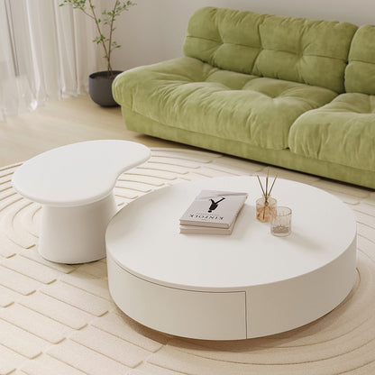 Minimalist Round Cream Coffee Table Set with Drawer