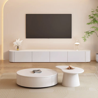 Minimalist Round Cream Coffee Table Set with Drawer