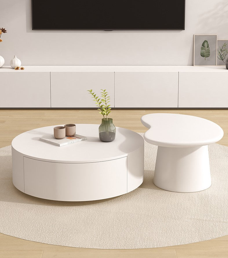 Minimalist Round Cream Coffee Table Set with Drawer