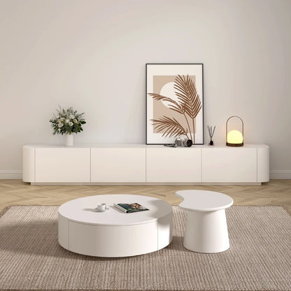 Minimalist Round Cream Coffee Table Set with Drawer