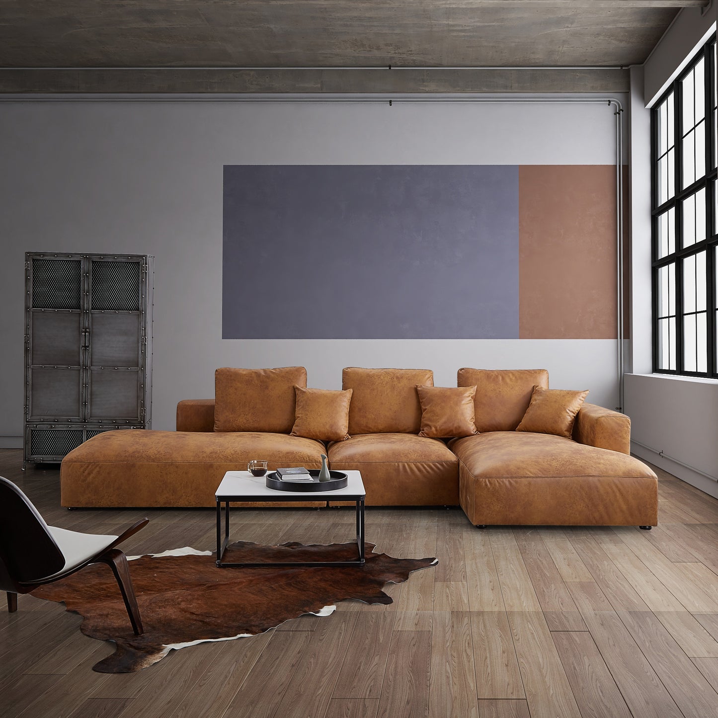 Living Room Brown Tech Fabric Sectional Sofa