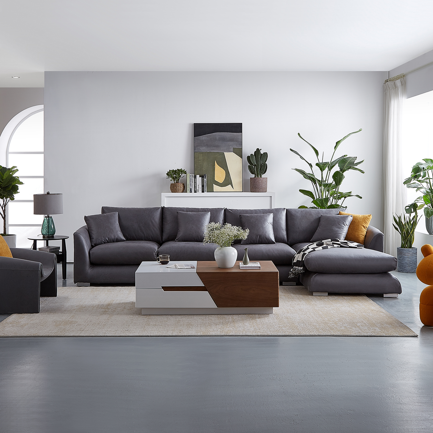 Dark Grey Upholstered Leathaire Sectional with Chaise