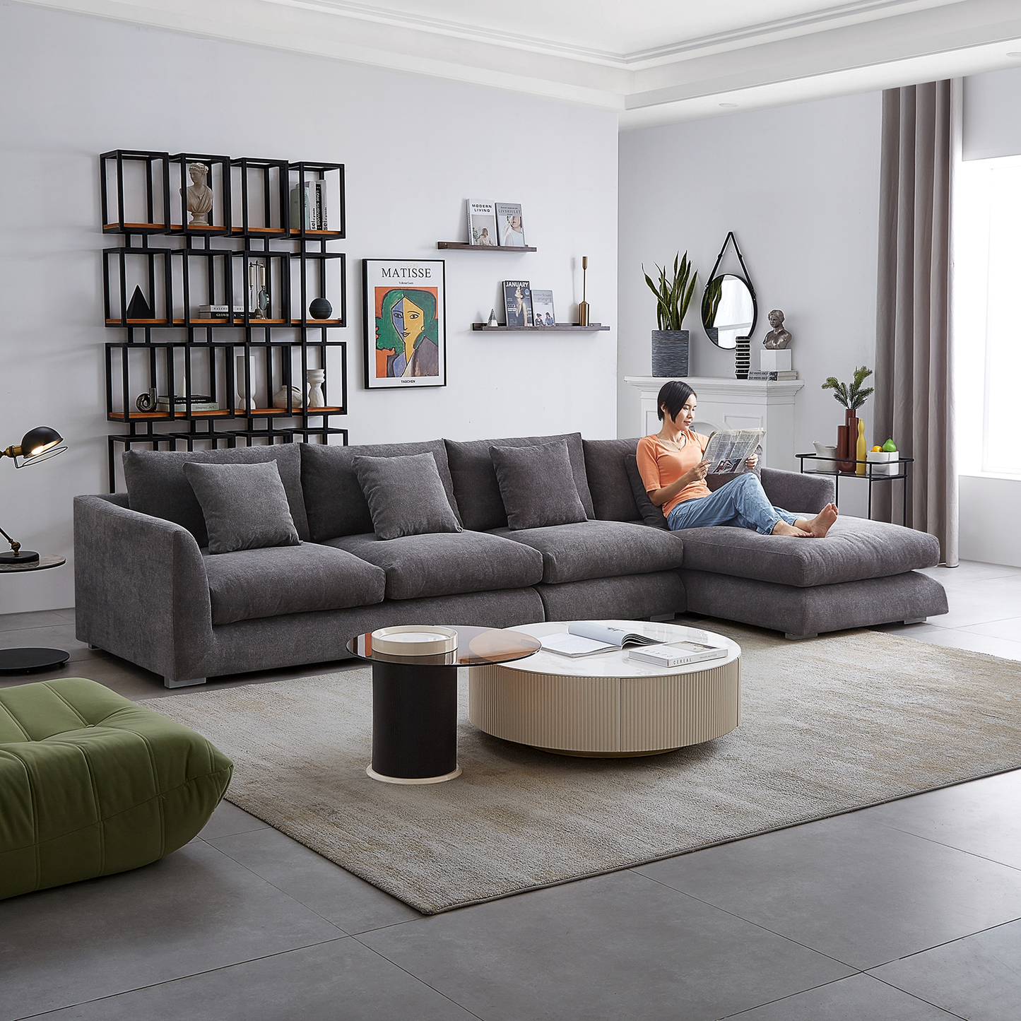 Aalto Fresh Grey Upholstered Fabric Sectional with Chaise Lounge